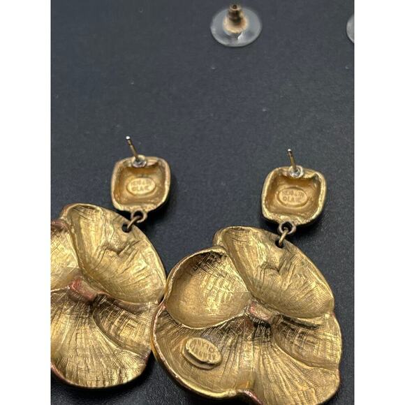 Kenneth Lane Gold Plated Sculpted Floral Pearl Center Dangle Earrings - Picture 3 of 12